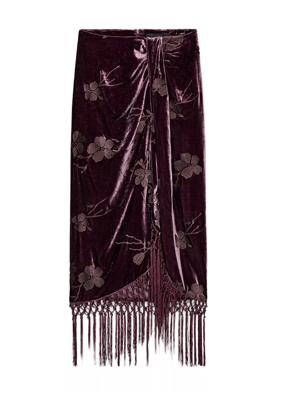 RARE Zara velvet embroidered floral wrap skirt with fringe